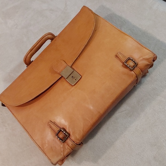 Vintage Genuine Distressed Tan Leather Portfolio Mens Briefcase - Picture 7 of 16